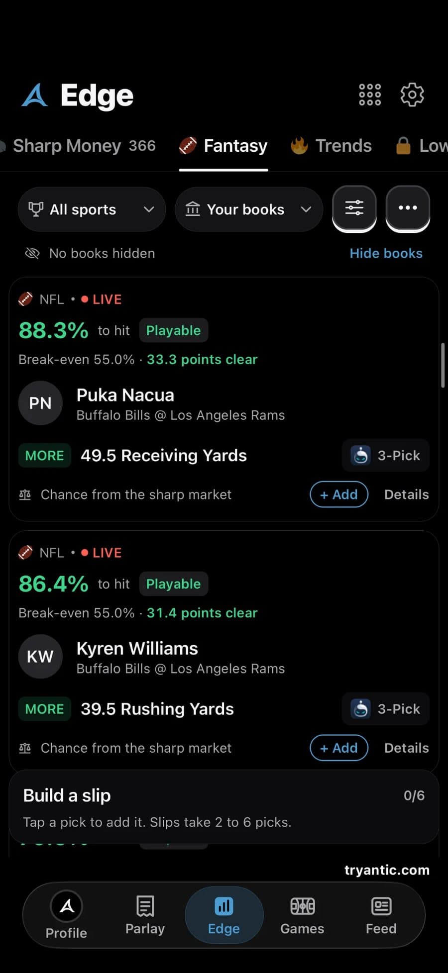 Antic Edge Fantasy on iPhone: Puka Nacua more than 49.5 receiving yards at 88.3% to hit against a 55.0% break-even, and Kyren Williams more than 39.5 rushing yards at 86.4% to hit, both on a 3-pick slip