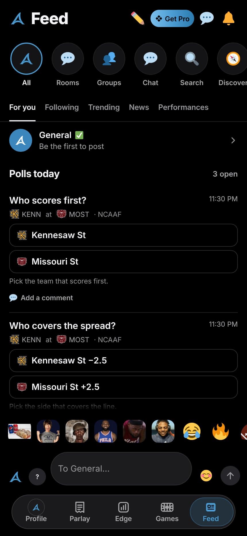 The Antic Feed tab on iPhone: the General room, and today's polls on who scores first and who covers the spread in Kennesaw State at Missouri State