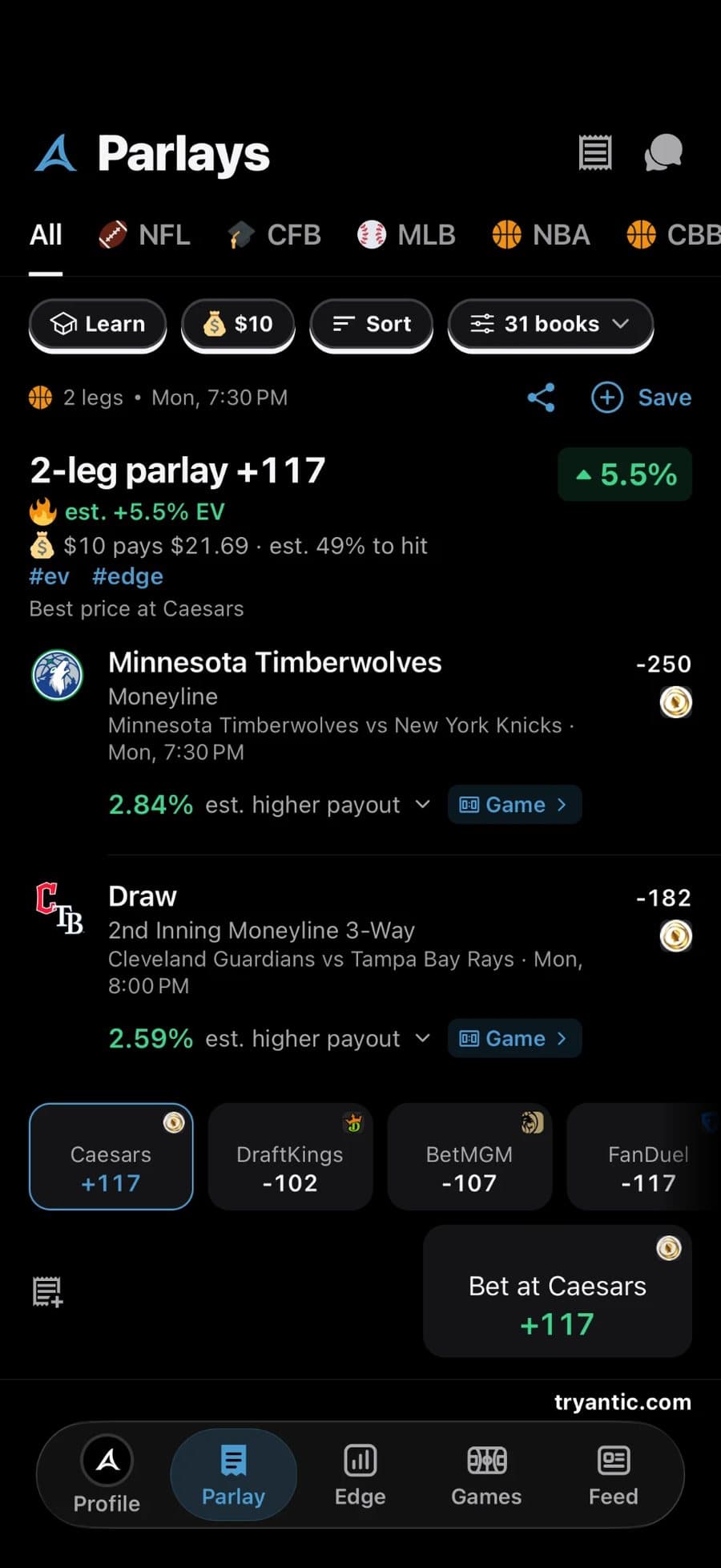The Antic Parlays tab on iPhone: a 2-leg parlay at +117 with an estimated +5.5% EV, $10 paying $21.69 at an estimated 49% to hit, the Minnesota Timberwolves moneyline at -250 and a 2nd inning draw at -182, and the parlay price at Caesars +117, DraftKings -102, BetMGM -107 and FanDuel -117