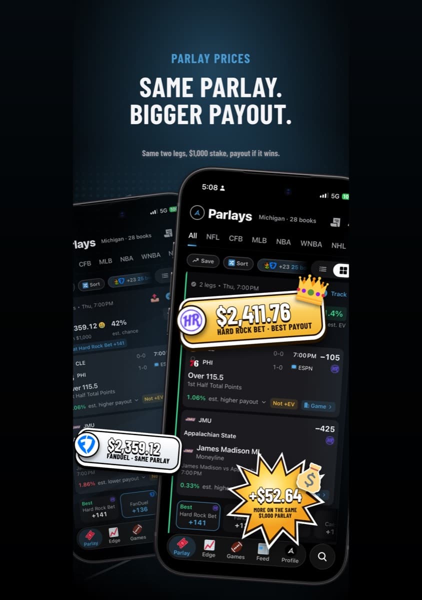 Antic Parlays tab on iPhone: the same parlay priced at several sportsbooks, with the best payout first.