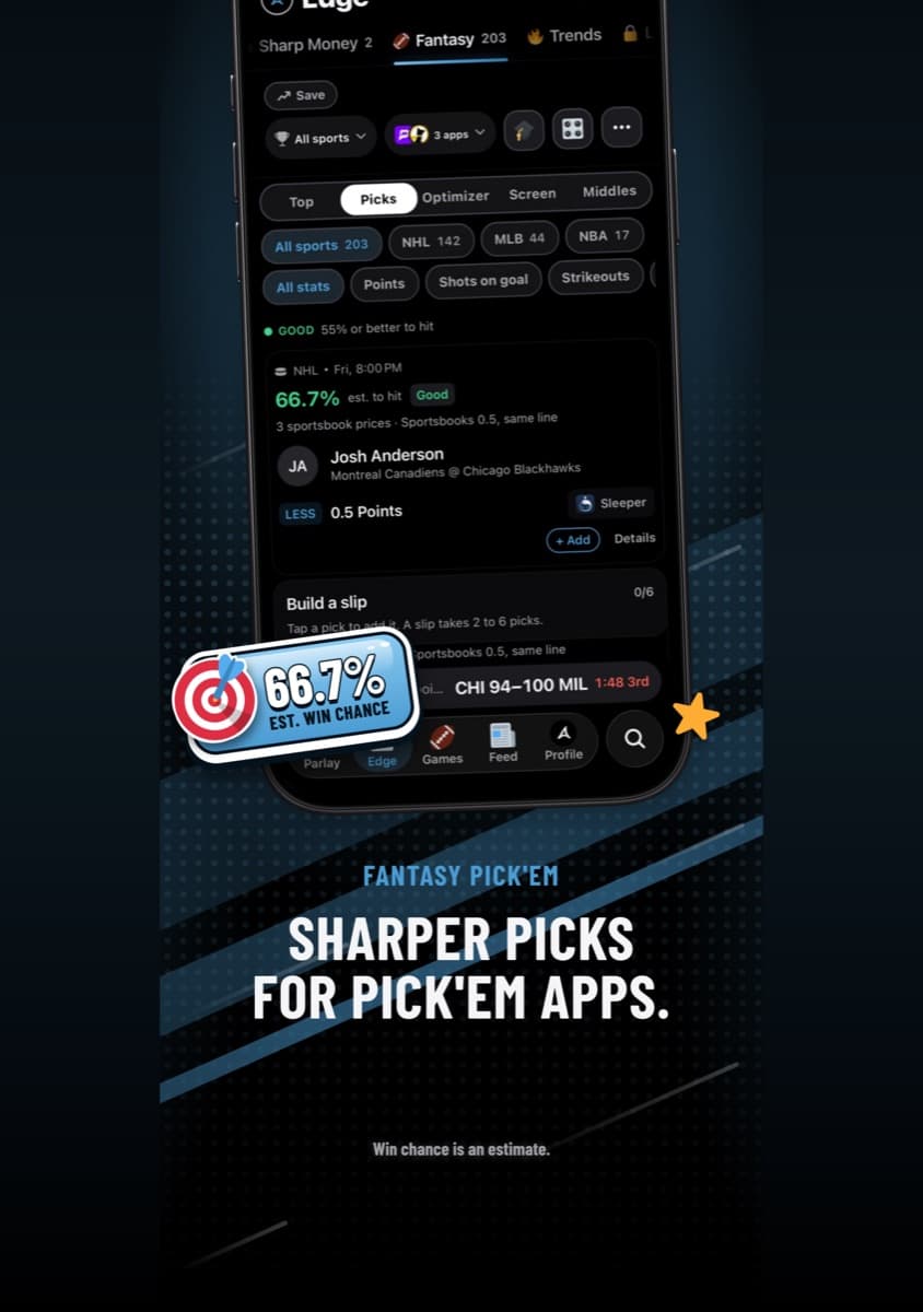 Antic Fantasy pick'em screen on iPhone: a list of picks with an estimated chance to hit and a slip builder.