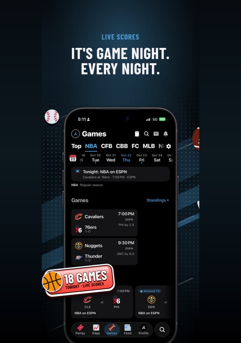 Antic Games tab on iPhone: the day's NBA games with start times and the broadcast for each.