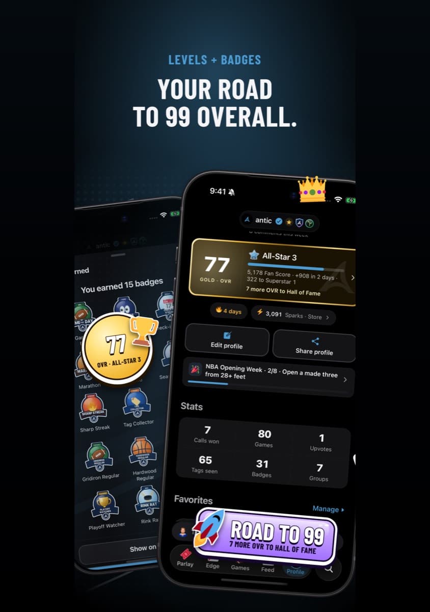 Antic profile on iPhone: a fan score with its level, badges earned and profile stats.