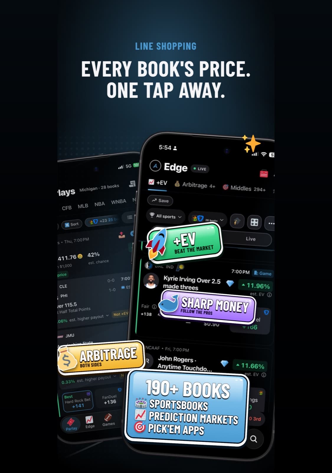 Antic's App Store screen for line shopping: the headline 'Every book's price. One tap away.' above the Edge tab on iPhone, with +EV and Arbitrage labels